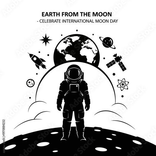 Astronaut standing on the moon with Earth and space elements in the background.