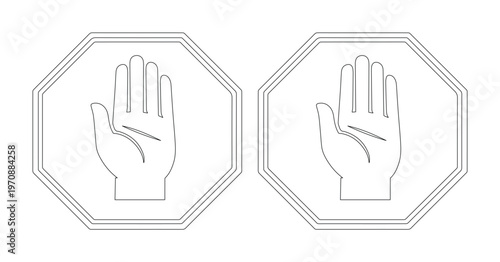 Stop hand gesture vector icon, outlined human palm symbol, warning and prohibition sign, isolated graphic element for user interface and safety communication