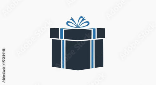 Minimalist gift box vector icon, elegant dark blue present with ribbon and bow, flat holiday surprise illustration for e-commerce and greeting cards