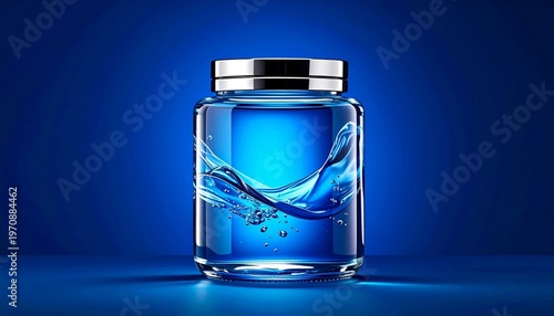 Glass jar with metallic lid filled with water splash, droplets suspended, deep blue gradient background, symbolic visualization of fluid motion, clarity, and transparency.