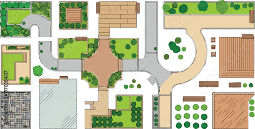 Landscape design elements vector set, garden plan symbols for architectural site mapping, outdoor park layout with green trees and stone paths, urban planning top view isolated PNG with