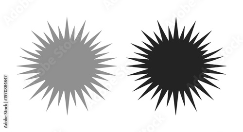 Abstract spiky starburst vector elements, two sharp black and gray geometric shapes, modern graphic design assets for backgrounds and decorative accents, isolated on white.
