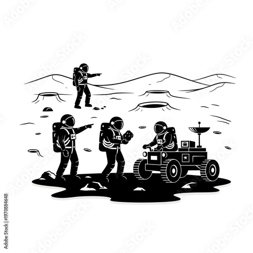 Astronauts exploring a new planet with a rover.