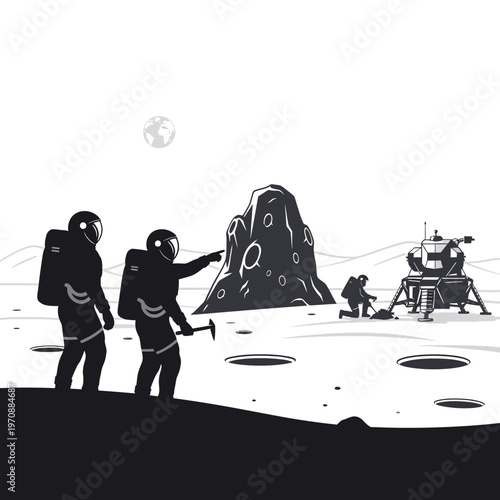 Astronauts exploring lunar surface with rover and equipment.