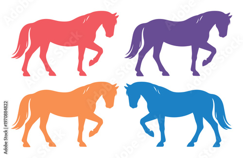 Colorful horse silhouettes, vibrant equine vector set, galloping and trotting horse illustrations, dynamic animal graphics for design projects