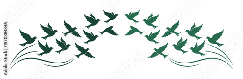 Graceful flock of green birds vector illustration, soaring avian silhouettes, freedom and peace symbol, nature-inspired graphic element for design projects
