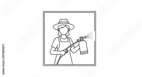 Gardener spraying plants with a hose, wearing a hat and apron, line art illustration