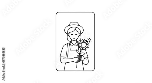 Gardener woman holding a sunflower in a hat, line art illustration