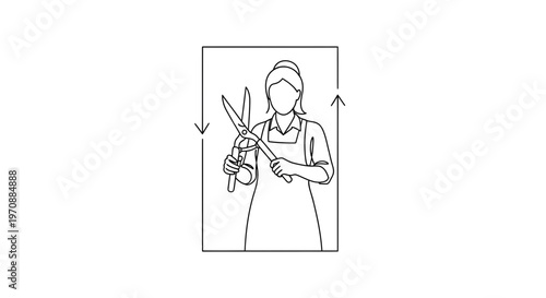 Gardener holding shears, ready for pruning, line art illustration