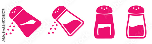 Vibrant pink salt shaker vector icon set, seasoning condiment graphics, kitchen and restaurant food preparation elements, cooking ingredient symbols, isolated on white background.