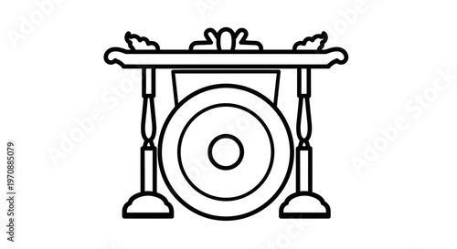 Gong on Stand - Traditional Musical Instrument Icon, Outline Vector Illustration