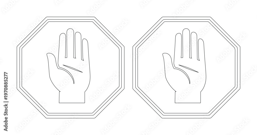 Obraz premium Stop hand gesture vector icon, outlined human palm symbol, warning and prohibition sign, isolated black and white graphic element for UI/UX design