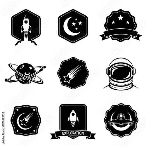 Black and white space icons set.