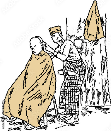 Traditional Street Barber Cutting Hair in Open-Air Setting