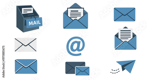 Collection of blue email and postal mail icons representing communication methods