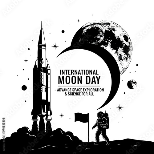 International Moon Day with rocket launch and astronaut on lunar surface.