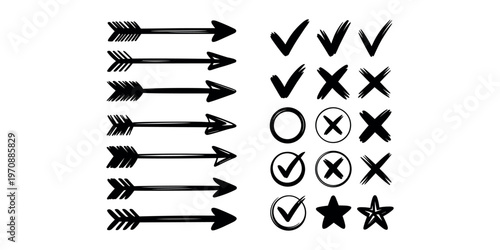 Hand Drawn Arrows Check Mark Cross Icon Set Sketch Doodle Symbols Tick X Vector Collection