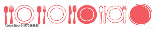 Minimalist red dinnerware vector icons, modern cutlery and plates set, elegant restaurant and catering graphic elements, food service design assets