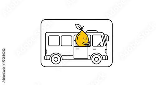 Funny cartoon lemon driving a bus, happy fruit character on a road trip adventure