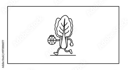 Funny cartoon lettuce character dribbling a basketball, running on a white background