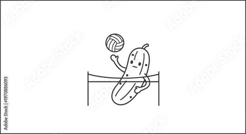 Funny cartoon pickle playing volleyball over the net, healthy food concept