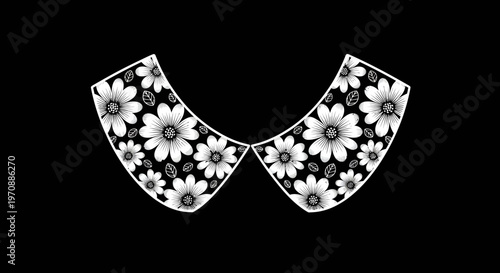 Elegant Peter Pan Collar Vector Illustration with Detailed Floral Pattern, Black and White Graphic Design for Fashion, Textile Print, and Apparel Accessories
