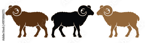 Three Ram Silhouettes Vector Set, Brown and Black Sheep Icons, Farm Animal Graphics for Logos, Branding, and Educational Resources