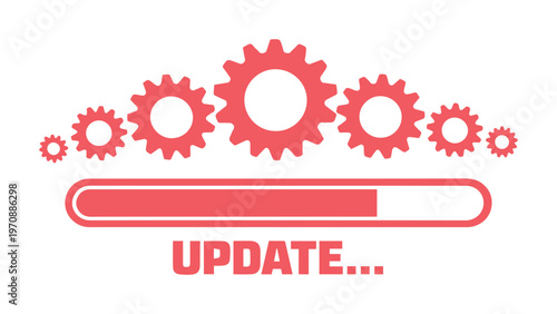 Red update progress bar with gears, system upgrade process, software installation, data loading, and maintenance graphic vector