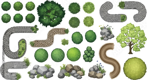 Top view landscape design elements, 25 garden vector icons with green trees and stone paths, architectural site plan symbols for park mapping, outdoor landscaping kit isolated PNG with