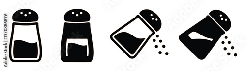 Salt and Pepper Shaker Icons, a versatile black and white vector set for seasoning and culinary concepts. Essential kitchen condiment symbols, perfect for restaurant menus, food blogs