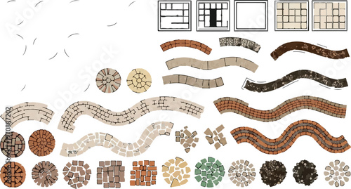 Architectural paving vector kit with stone textures, modular brick walkway patterns and cobblestone road elements, top view landscape design assets for garden planning isolated PNG with