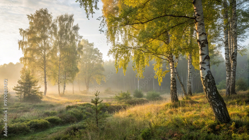 Fototapeta premium Birch Forest at Dawn with Mist