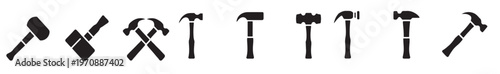 Black silhouette icons of various construction tools, including a hammer, screwdriver, saw, and drill, vector illustration.