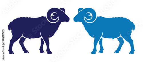 Ram vector illustration, two stylized sheep with large horns, dark blue and light blue animal silhouettes, farm livestock graphic resource, isolated on white background