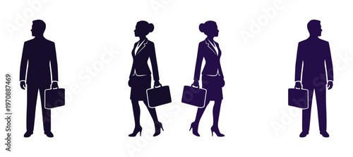 Professional business people silhouettes, diverse corporate team vector graphics, male and female executives with briefcases, ideal for career and employment concepts