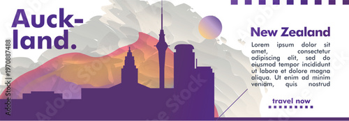 Auckland, New Zealand city banner with skyline, cityscape, landmarks. Horizontal travel vector illustration layout for website, page, presentation, header, footer