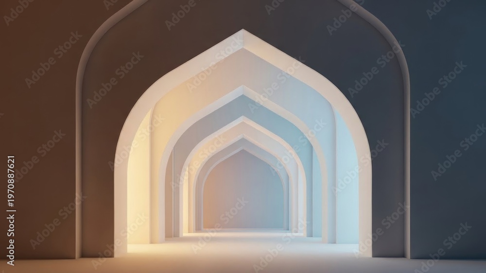 Fototapeta premium A serene, digitally rendered image of multiple, layered, pointed archways recede into the distance, transitioning from warm to cool lighting