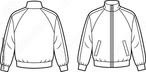 Bomber jacket line art illustration, front and back views, zip up sportswear outline, casual outerwear vector isolated black white design
