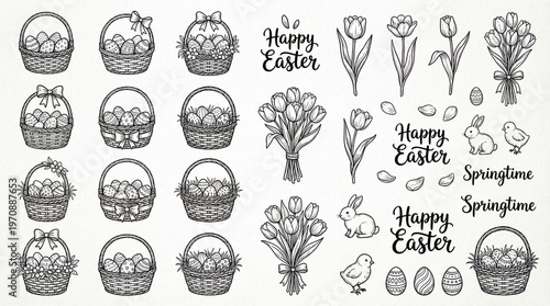 Easter-themed hand-drawn illustrations of baskets and flowers  