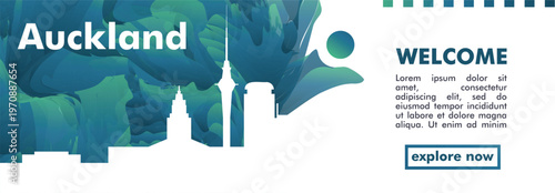 Auckland, New Zealand city banner with skyline, cityscape, landmarks. Horizontal travel vector illustration layout for website, page, presentation, header, footer