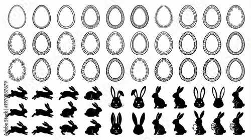 Ornamental egg and bunny silhouettes in black and white design  