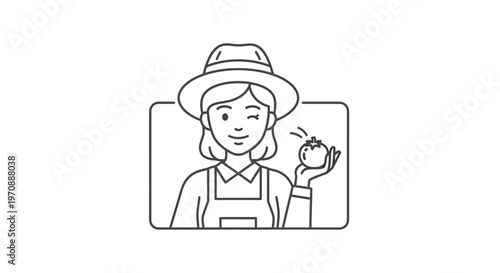 Farmer Woman Winking Holding Tomato, Organic Farming Concept, Line Art Illustration