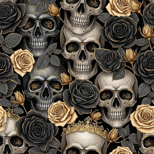 Skulls and Roses Pattern in Black, White, and Gold