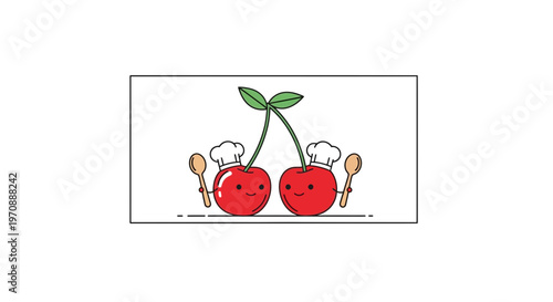 Cute Cherry Characters with Chef Hats and Spoons, Funny Food Illustration