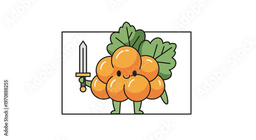 Cute Cloudberry Character Holding a Sword, Cartoon Style