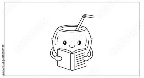 Cute Coconut Character Reading a Book with a Straw