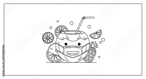 Cute Coconut Wearing Face Mask with Fruits and Straw, Summer Vacation Concept