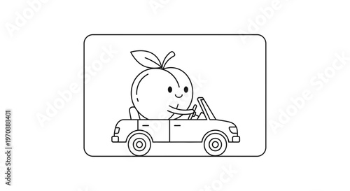 Cute Peach Character Driving a Convertible Car, Cartoon Style