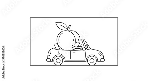 Cute Peach Character Driving a Convertible Car, Cartoon Style
