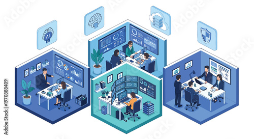 Business team collaboration, office workflow, isometric workspace, productivity concept, teamwork illustration